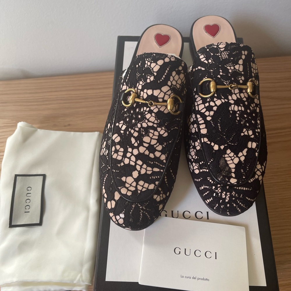Gucci Princetown leather and lace loafer mules 38.5